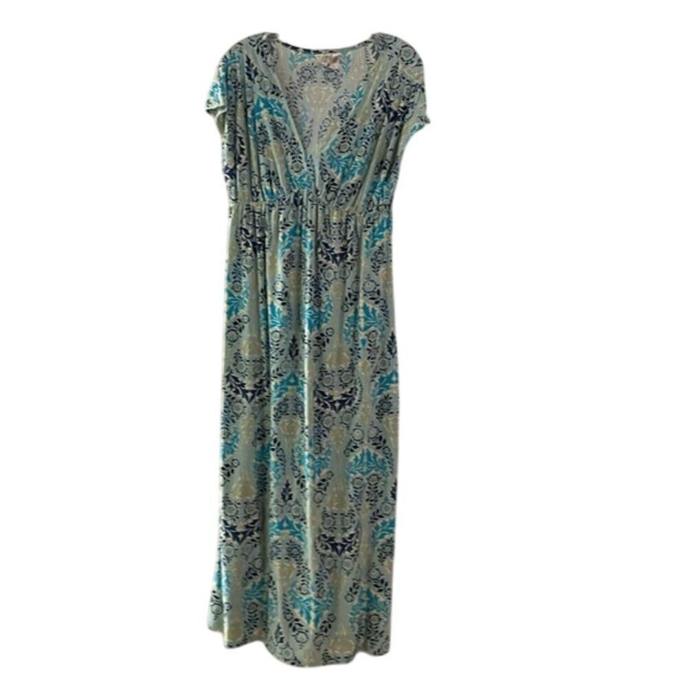 Ambrielle Blue-Green Floral Maxi Dress Womens Size Medium Pullover Cap Sleeve